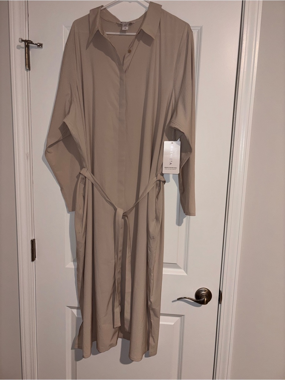 Athleta Relaxed Shirt Dress in Beige with Waist Tie